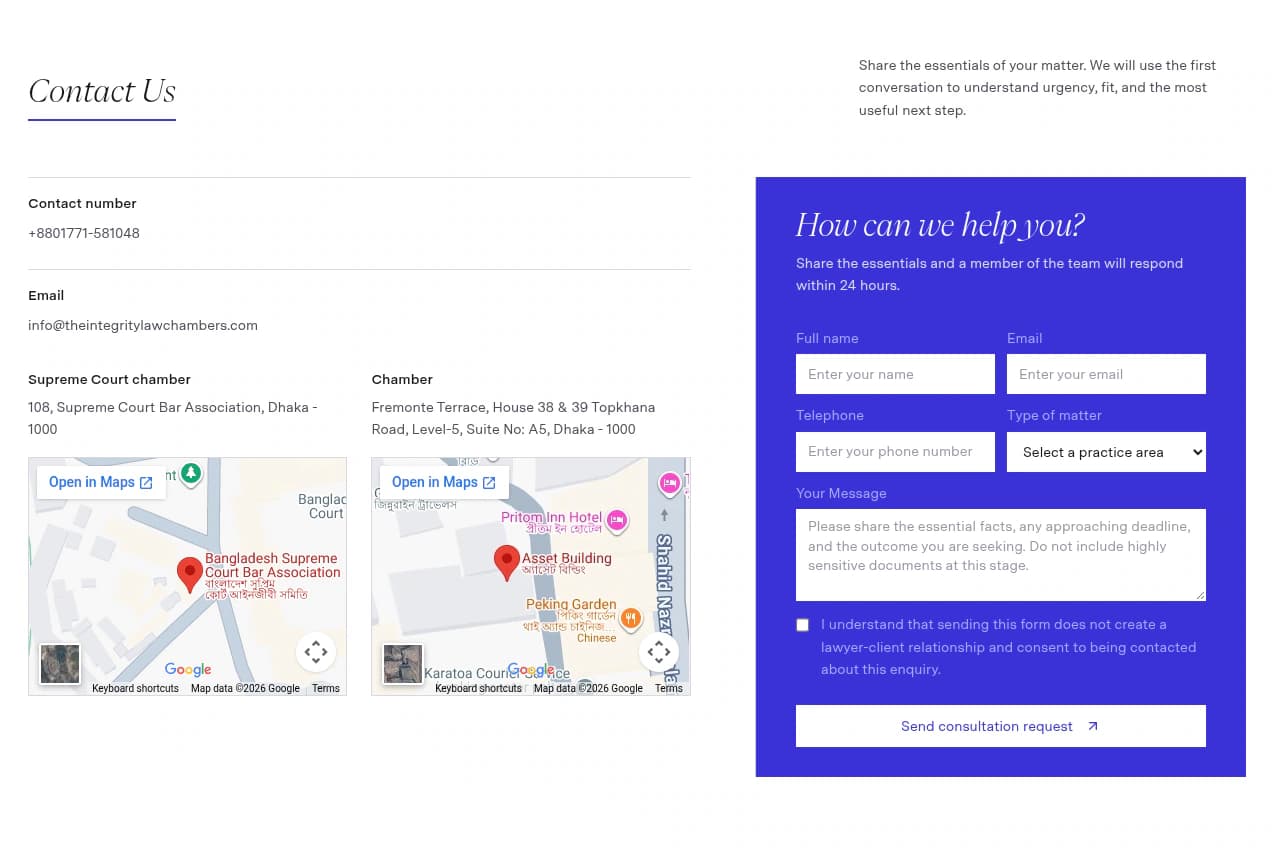 Integrity Law Chambers contact page
